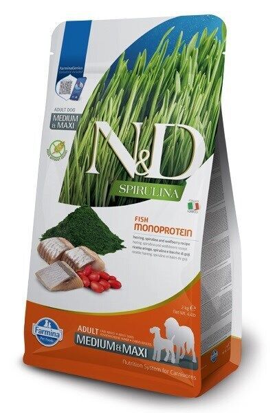 N&D Spirulina Ringa Balıklı Orta ve Büyük Irk Tahılsız Yetişkin Köpek Maması 2kg