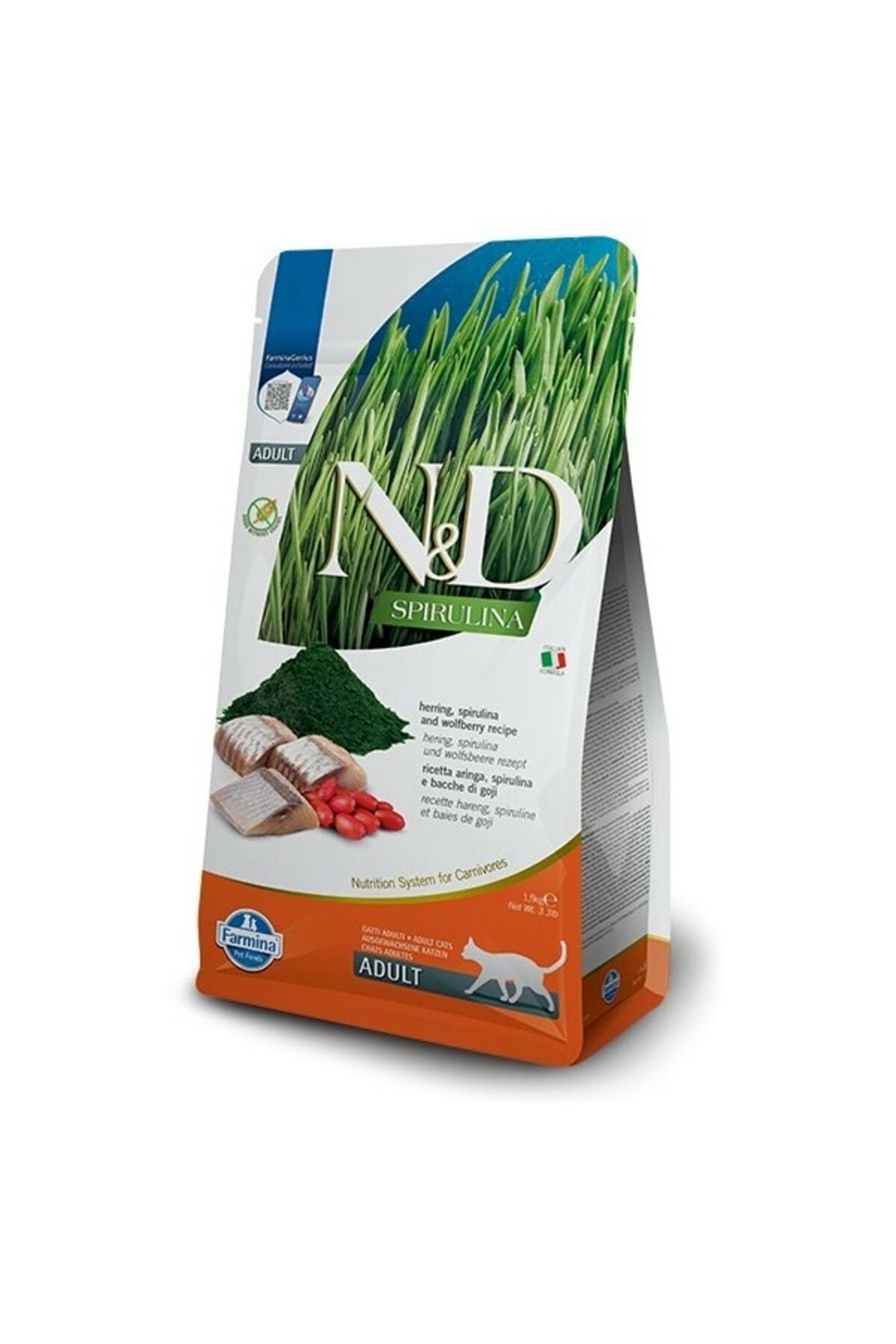 Nd Spirulina Takviyeli Ringa Balıklı & Kurt Üzümlü Tahılsız Yetişkin Kedi Maması - 1,5 Kg